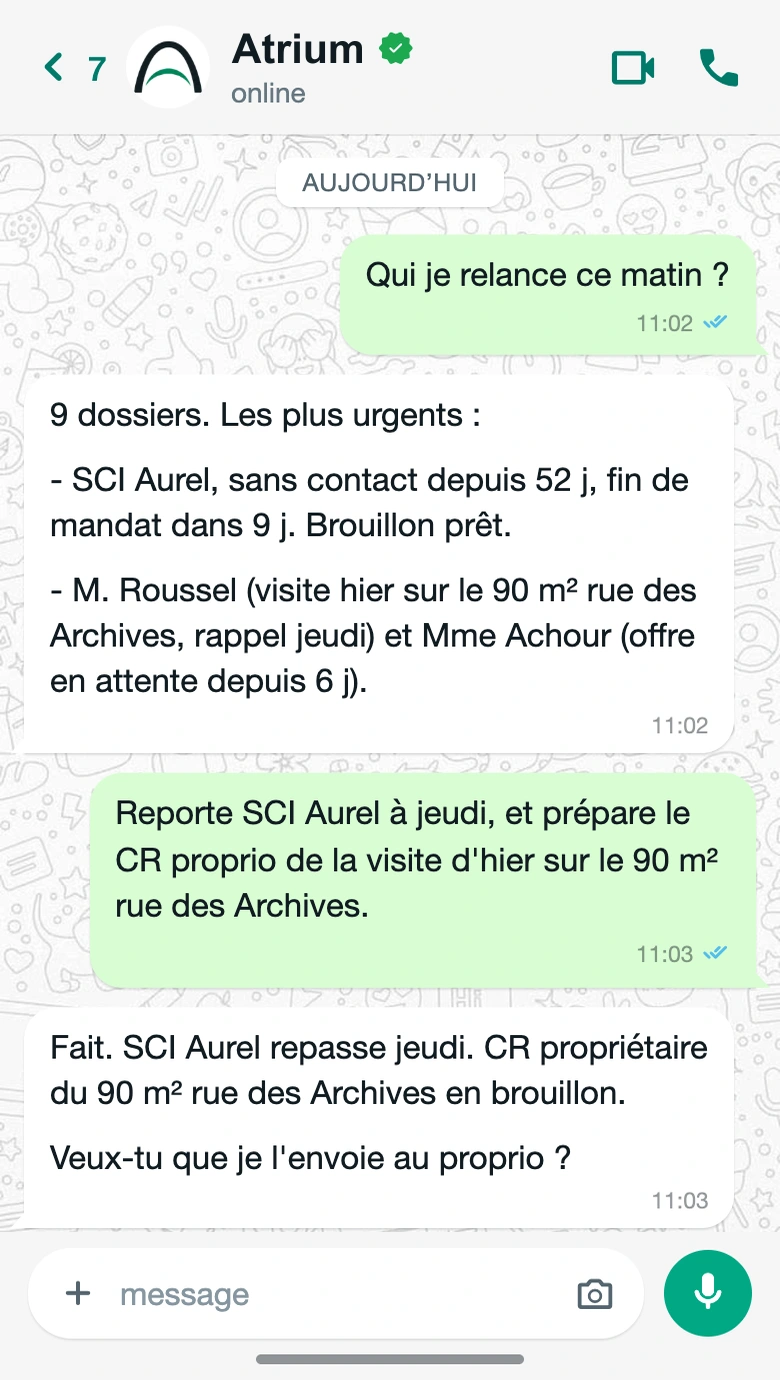 Conversation WhatsApp : Relance & suivi